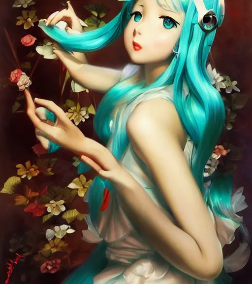 Prompt: Anime art very beautiful Hatsune miku by Gil Elvgren, Vladimir Volegov, Earl Moran, Enoch Bolles, symmetrica