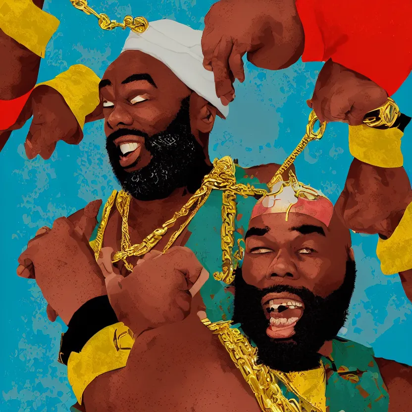 Image similar to mr. t pitying a fool, stylized photo, gold chains, stylized digital art