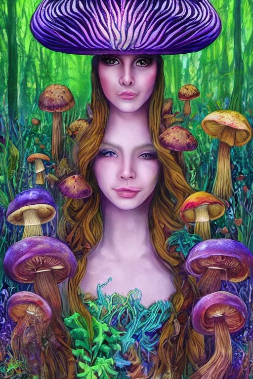 Prompt: a portrait of a beautiful realistic mushroom goddess in the enchanted psychedelic mushroom forest,