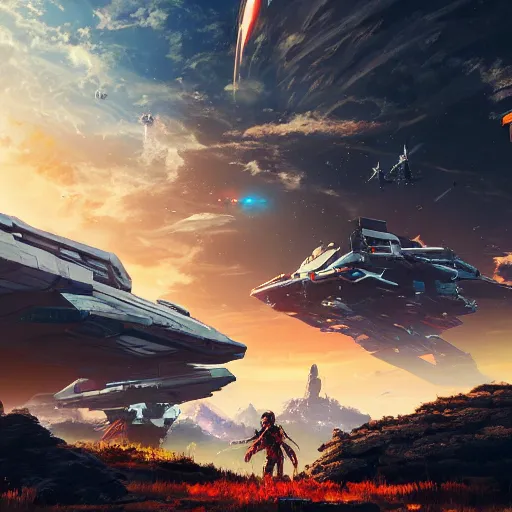 Prompt: space battleship attacking earth horizon forbidden west horizon zero dawn ray tracing hdr fanart arstation by ian pesty and alena aenami artworks in 4 k