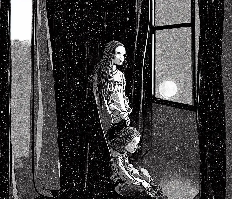 Prompt: outdoors : sadie sink in hoodie sits on windowsill, knees tucked in | rain falls at night : storyboard, scifi cyberpunk. by gabriel hardman, joe alves, chris bonura. cinematic atmosphere, detailed and intricate, perfect anatomy