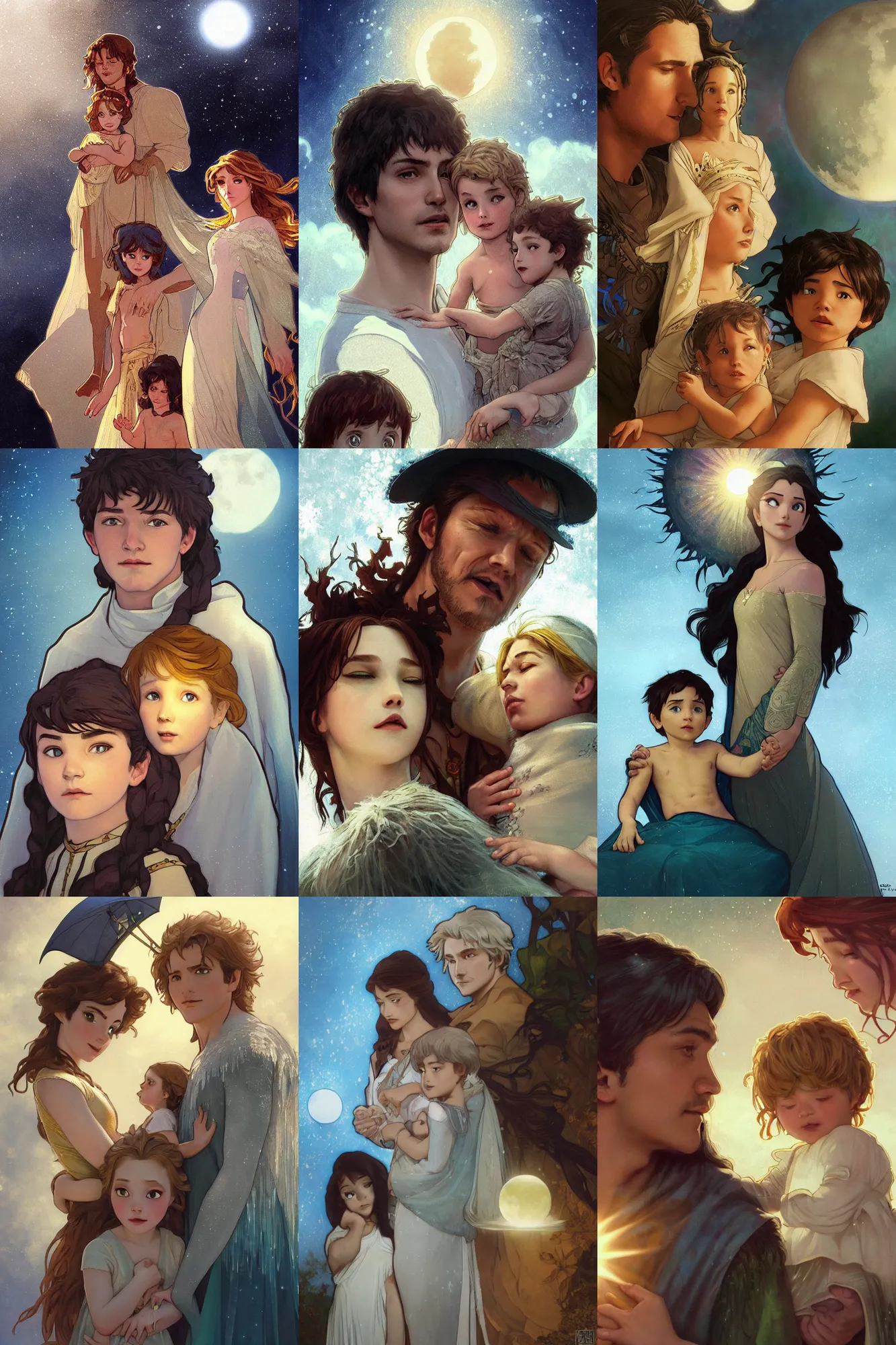 Prompt: a cinematic portrait of a beautiful family photograph close up moment of a young sun god and moon goddess magician family with child, portrait, wearing wide sunhats, Frozen Klaus film, artstation, concept art, illustration, Frozen II art masterpiece by art by Krenz Cushart, Artem Demura, alphonse mucha, yoji shinkawa, ArtGerm, Jon Lothian, Danilo Torres, Adi Meyers, Thomas Reimann, Gaston Bussiere, Disney