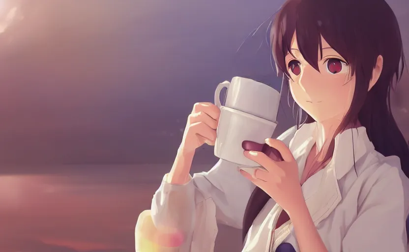 Prompt: An anime girl drinking a cup of coffee, enjoying the warmth, anime scene by Makoto Shinkai, digital art