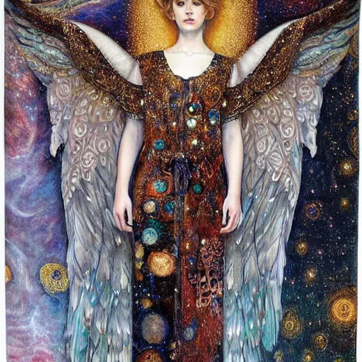 Image similar to dreamy angel, in the cosmos, 🌫🌌 intricate long shelve robes, intricate detail, klimt, royo,