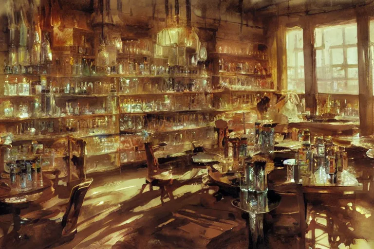 Prompt: paint brush strokes, abstract watercolor painting of medieval pharmacy, western saloon, transparent glass bottles, reflective copper, cinematic light, american romanticism by hans dahl, by jesper ejsing, by anders zorn, by greg rutkowski, by greg manchess, by tyler edlin