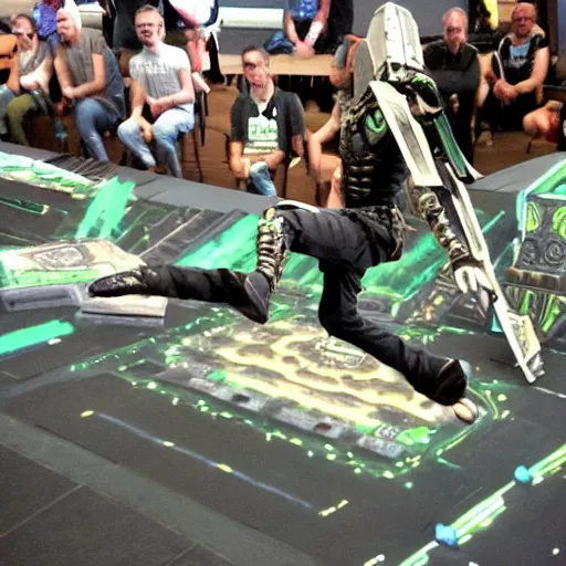 Image similar to necron doing a kickflip while humans look on in amazement and awe