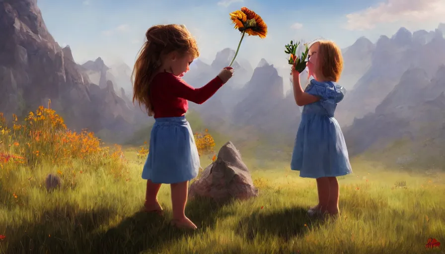 Image similar to side view of little girl giving flower to soldier, mountains in the background, sunny day, shadow, hyperdetailed, artstation, cgsociety, 8 k