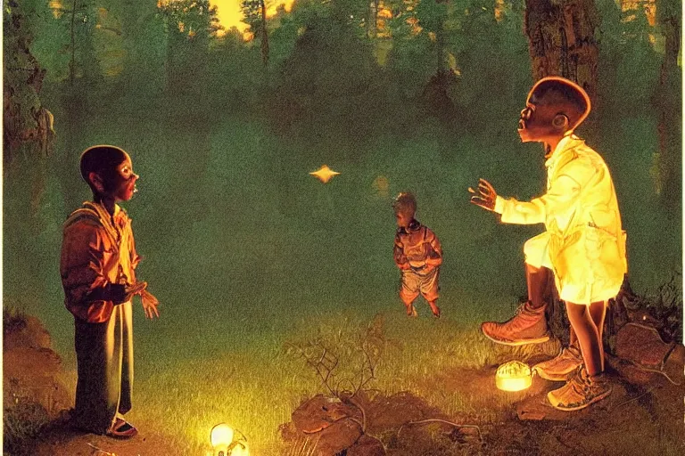 Image similar to a scenic view of a black boy talking to a ghost in the middle of a magical forest with glow-worm lights near a lake, detailed, cinematic, dramatic scene, retro illustration by Norman Rockwell.