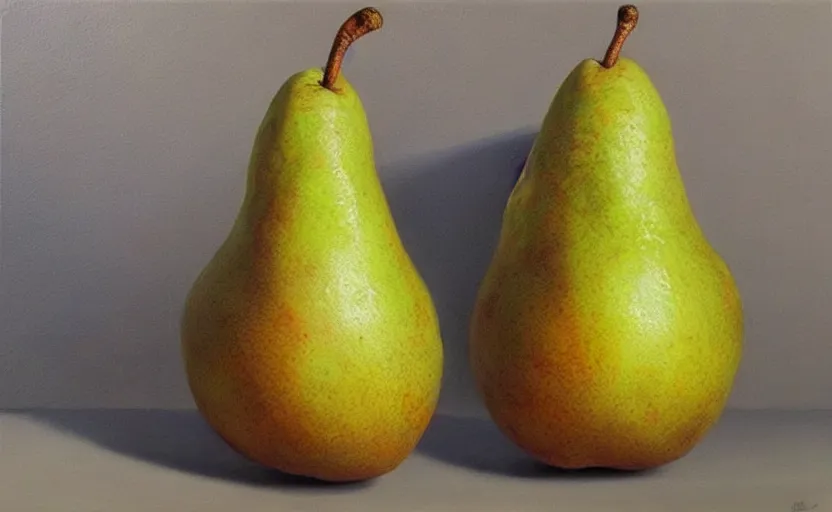 Prompt: a hyper-realistic oil painting of a pear; hyper-detailed; an extraordinary masterpiece!!!; flawless; trending on artstation