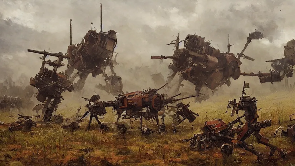 Image similar to 1920's battle in a farming village between bipedal mechs, painted by Jakub Rozalski