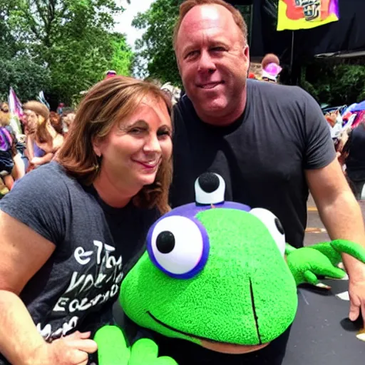 Image similar to alex jones and a giant frog atten the pride festival together