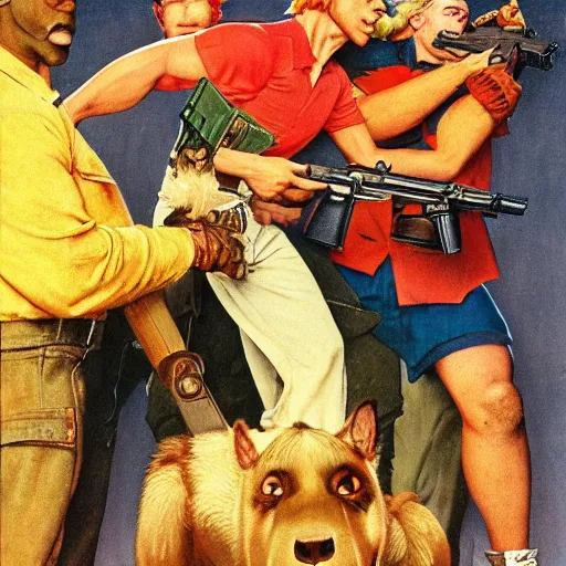 Prompt: Scooby Doo holding a gun, by norman rockwell, trending on artstation, highly detailed, 8k, beautiful, dynamic lighting, realistic fur