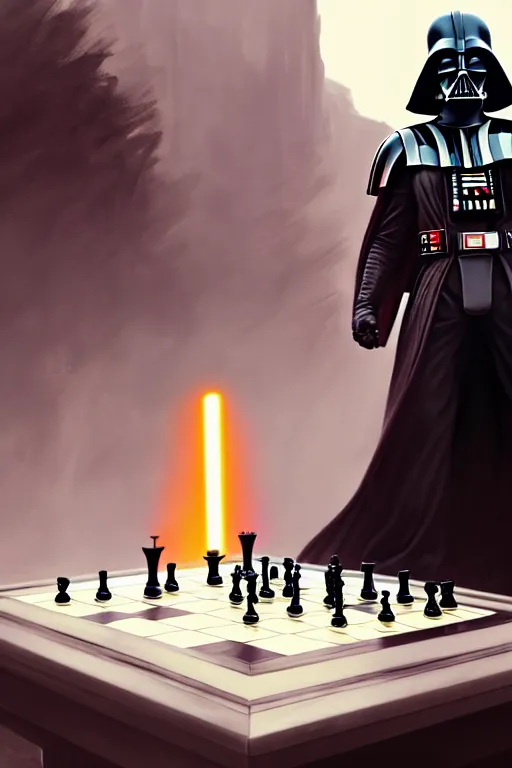 Image similar to darth vader playing chess against thanos on a marble table, extremely detailed digital painting, in the style of fenghua zhong and ruan jia and jeremy lipking and peter mohrbacher, mystical colors, rim light, beautiful lighting, 8 k, stunning scene, raytracing, octane, trending on artstation