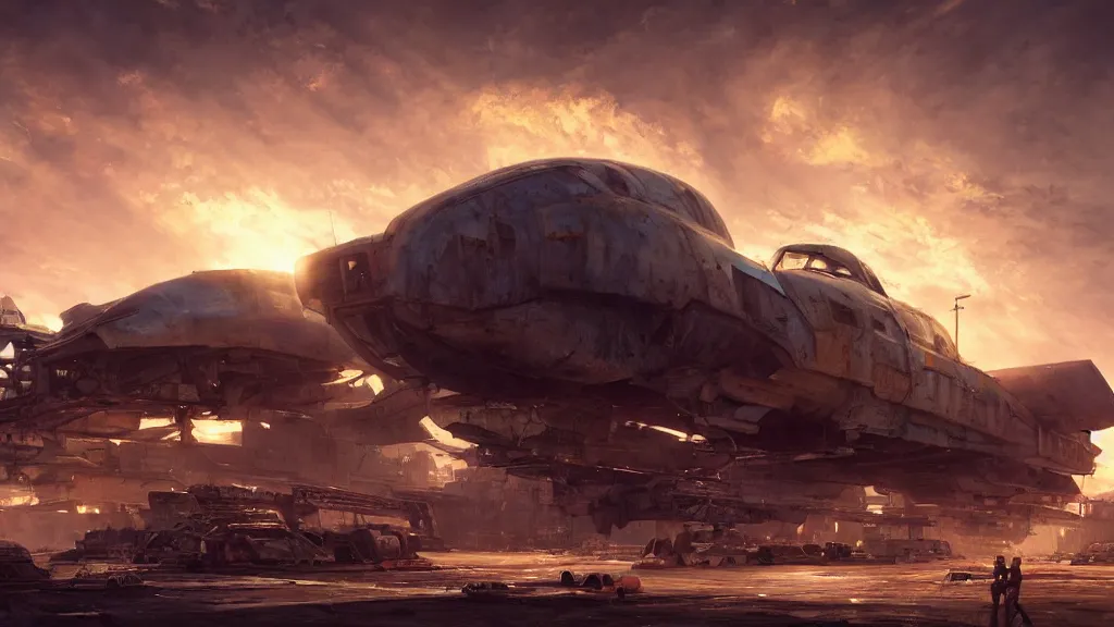 Image similar to a photorealistic hyperrealistic render of a gigantic spaceship landing at a junkyard by greg rutkowski, vitaly bugarov, stephan martiniere, nicolas bouvier sparth, james paick, dramatic moody sunset lighting, long shadows, volumetric, cinematic atmosphere, octane render, artstation, 8 k