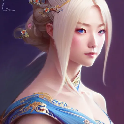 Image similar to elegant Chinese princess, D&D, blue eyes, blonde hair, fantasy, intricate, elegant, highly detailed, digital painting, artstation, concept art, smooth, sharp focus, illustration, art by artgerm and greg rutkowski and alphonse mucha