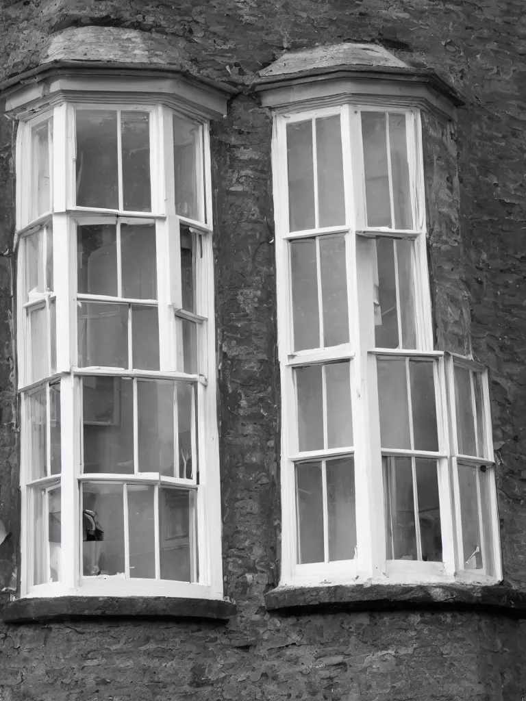 Prompt: single triangular or round sash window on a british wall, surprised and perplexed builders standing in front of it