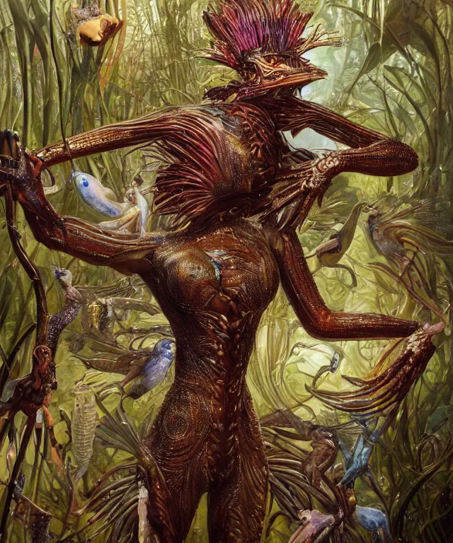 Prompt: a portrait photograph of jennifer lawrence as a strong alien harpy queen with amphibian skin. she is dressed in a colorful slimy organic membrane catsuit and transforming into an bird with an armored exoskeleton. by donato giancola, walton ford, ernst haeckel, peter mohrbacher, hr giger. 8 k, cgsociety, fashion editorial