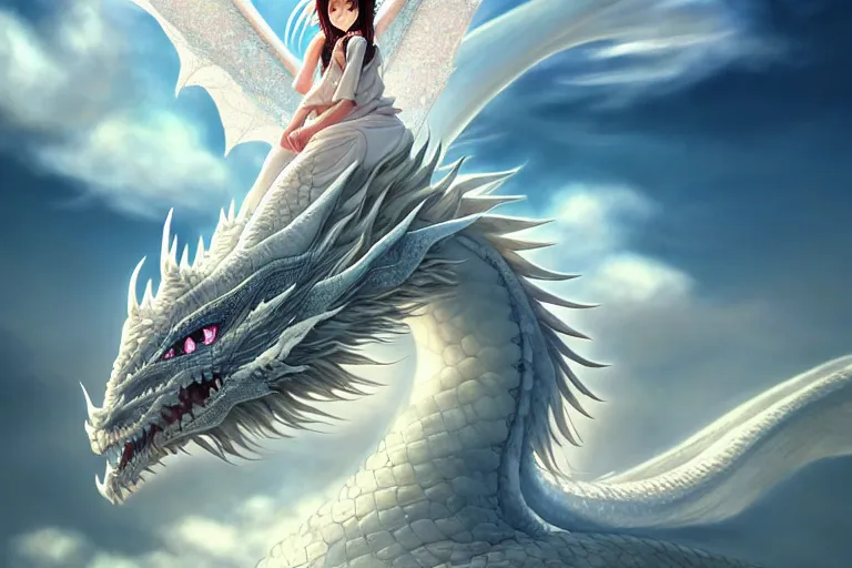 Image similar to the beautiful hyper detailed big scene render that a beautiful girl sitting on the back of a huge silver white dragon alone in fairyland surrounded by white clouds, finely detailed angelic face delicate features, style of studio ghibli, makoto shinkai, artgerm, karol bak, kazuki tanahashi, james jean, ross tran, xision, ultra wide angle