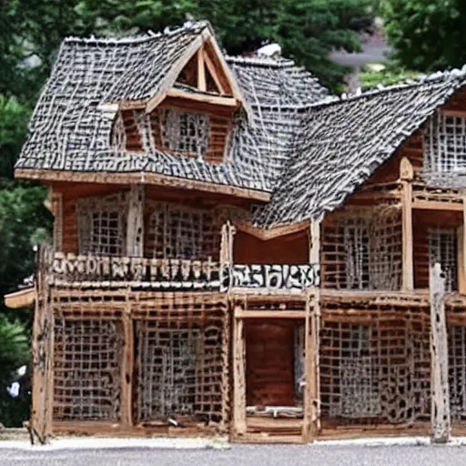 Image similar to house made of chainsaw parts drawn like a patent drawing