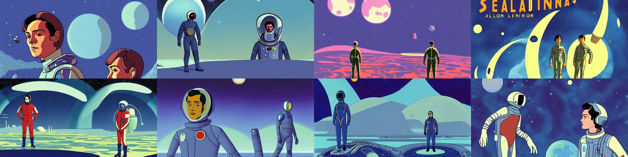 Image similar to a portrait of lonely single Alain Delon alone pilot in spacesuit on field forrest symmetrical spaceship station landing laying lake artillery outer worlds in FANTASTIC PLANET La planète sauvage animation by René Laloux