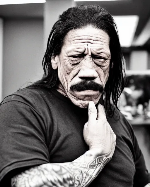 Prompt: danny trejo crying in a server room, realistic, moody grindhouse, dark