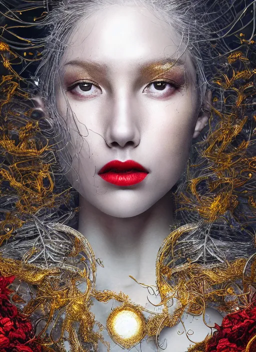 Image similar to glowing silver and golden elements, full close-up portrait, young female model from as a dark witch, book cover, green forest, white moon, red lips, establishing shot, extremly high detail, photo-realistic, cinematic lighting, pen and ink, intricate line drawings, by Yoshitaka Amano, Ruan Jia, Kentaro Miura, Artgerm, post processed, concept art, artstation, matte painting, style by eddie, raphael lacoste, alex ross