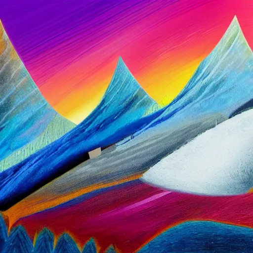 Image similar to mind exploration, vivid abstract landscape, mountains in background, main path is visible and energetic