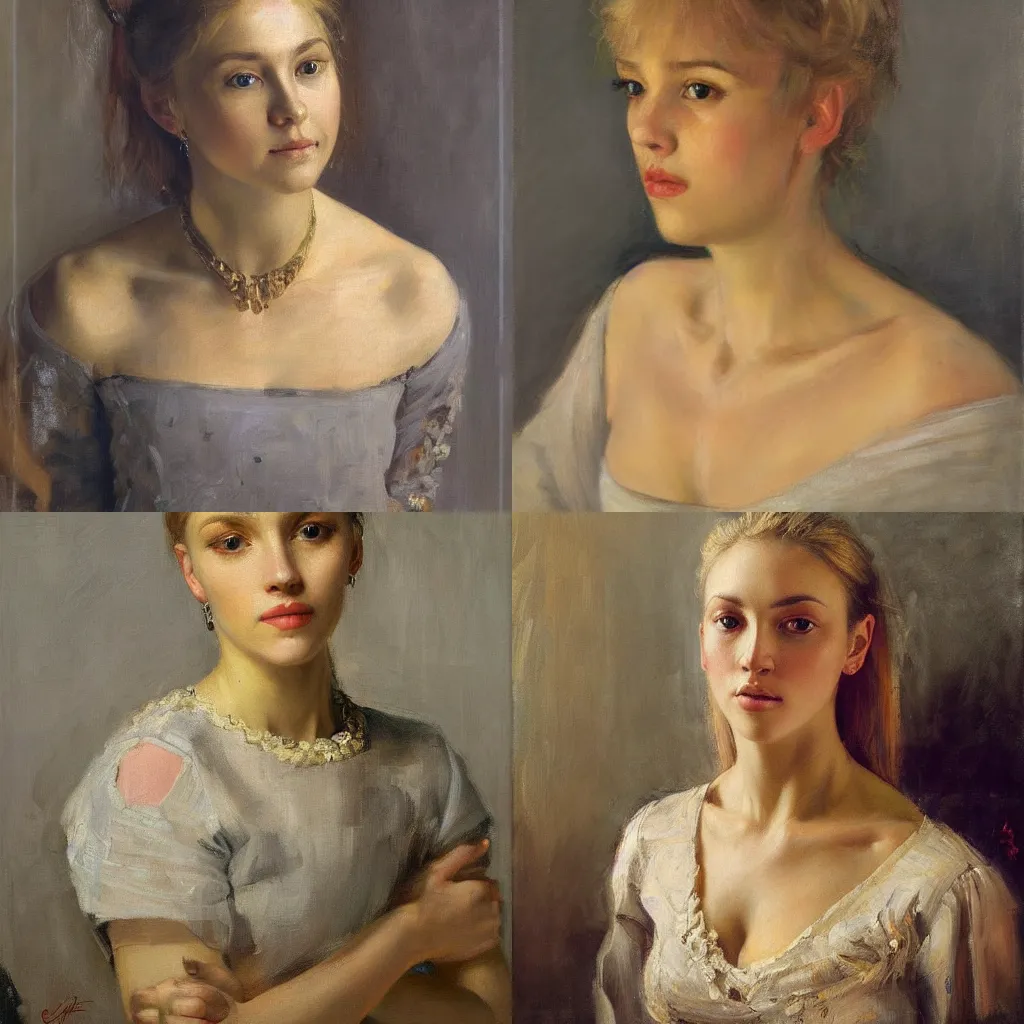 Prompt: portrait of beauty oksana grishko by repin, blonde, gray eyes, oil on canvas