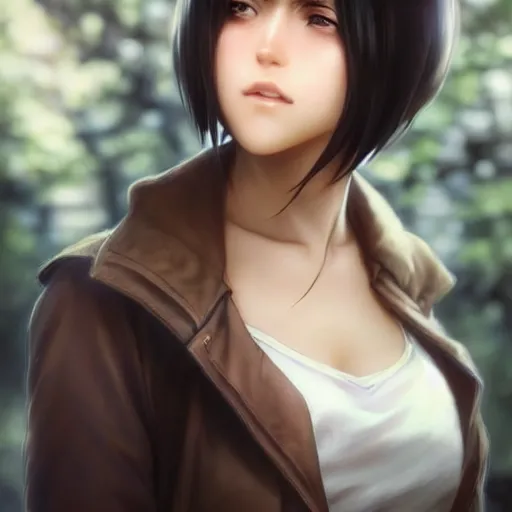 Image similar to mikasa ackerman, bokeh, beautiful face!!!!, 2 7 years old, cg animation, lifelike, animated, realistic, character select portrait, by artgerm, greg rutkowski, alphonse mucha, 3 d