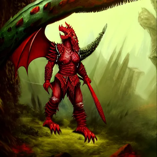 Image similar to A dragonborn with red scales and wings, wearing viking armor, in a rainforest, trending on artstation