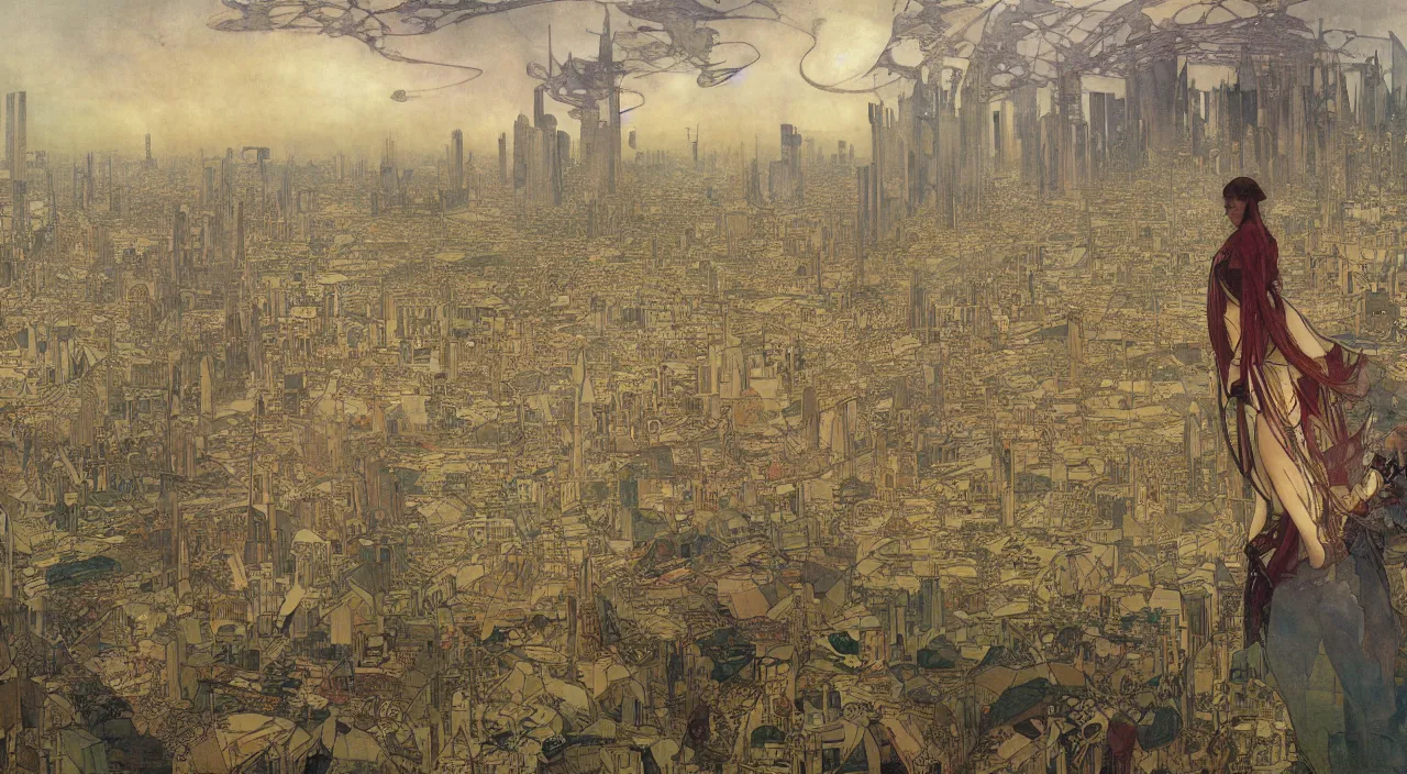 Prompt: A beautiful landscape painting of dystopian london by Alfons Maria Mucha and Yoshitaka Amano and richard dadd