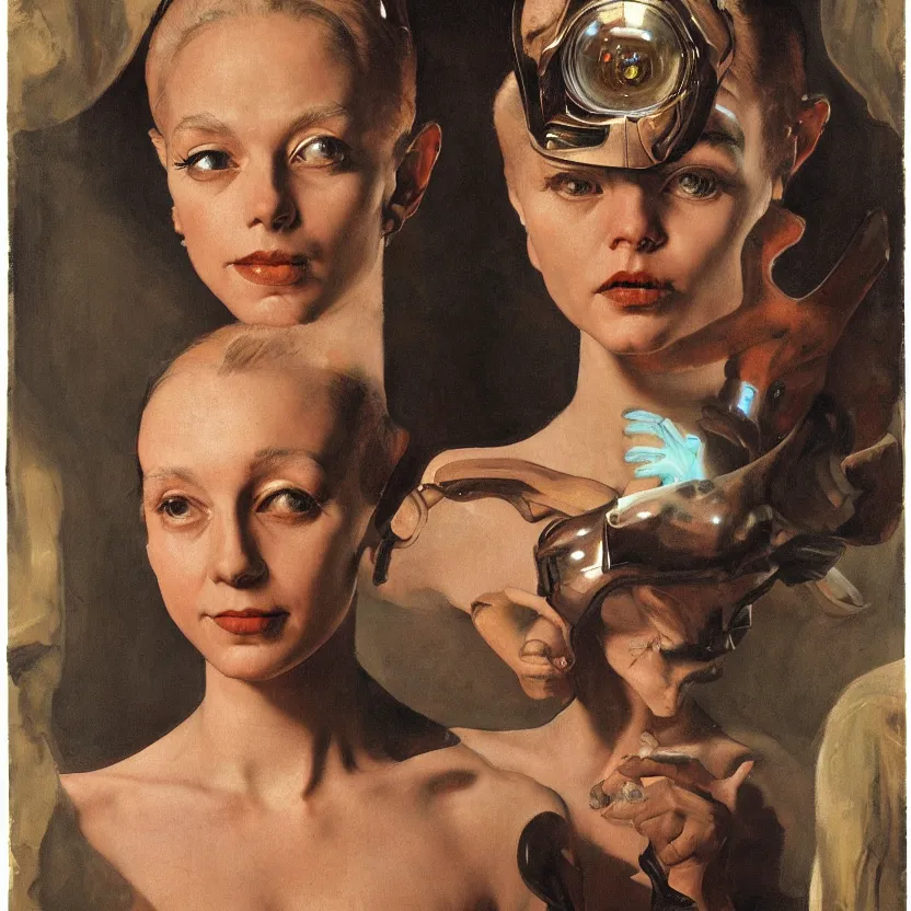 Image similar to portrait painting of an elegantly beautiful alien with glowing eyes, by norman rockwell. muted colors, soft gradients. baroque period, renaissance masterpiece. black background. trending on artstation. retrofuturism.