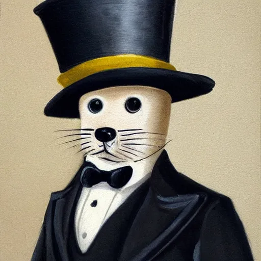 Image similar to gentleman seal with a top hat and monocle, mustache, posh, Victorian, painting