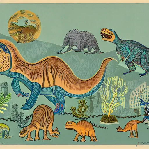 Prompt: dinosaurs by Edward Bawden