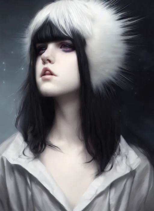 Prompt: portrait of white teenage girl, normal face, black bangs, mall goth, cyberlox, black and white hair, bangs, fluffy bangs, intricate, elegant, highly detailed, digital painting, artstation, concept art, sharp focus, smooth, illustration, art by wlop, mars ravelo and greg rutkowski