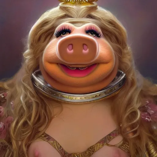 Prompt: Epic Masterpiece head and shoulders portrait of Miss Piggy drawn by Donato Giancola and Tom Bagshaw, Edmund Leighton, Alphonse Mucha, background by James Jean and Gustav Klimt, 4k, porcelain skin, volumetric lighting, komorebi, french nouveau, trending on artstation, octane render, hyperrealistic