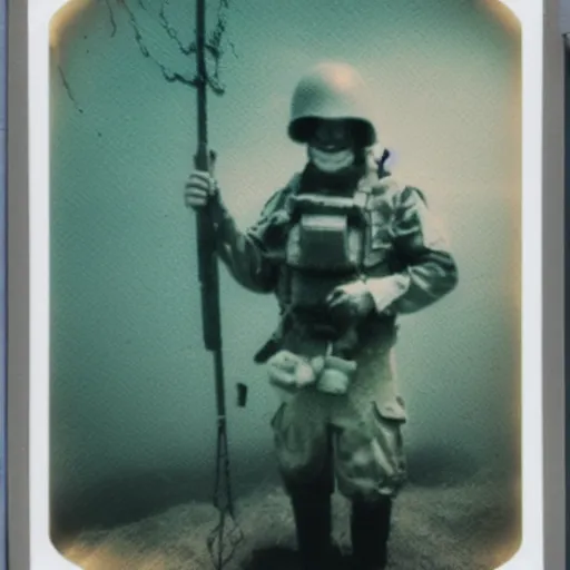 Prompt: polaroid photo of sponge bob in us military suit veteran of the vietnam war, underwater effect
