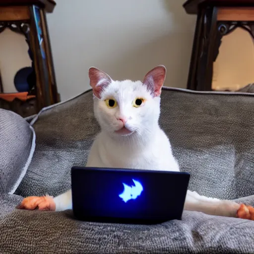 Prompt: A blue and black catbat playing computer games.