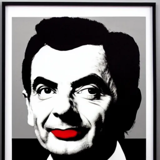 Image similar to a portrait of Mr Bean, made by Andy Warhol, two tone, very high contrast, only black and white, simplistic, extremely high contrast, two tone, notan art, by Andy Warhol, minimalistic,