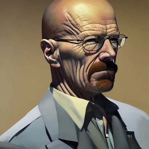 Prompt: Portrait of a Walter white wearing a business, very coherent, painted by Edward Hopper, Wayne Barlowe, painted by James Gilleard, airbrush, art by JamesJean