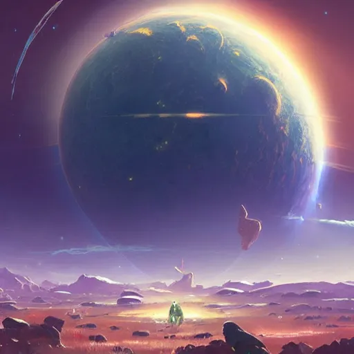 Image similar to the remains of a deserted planet. seen from space, glimmering stars, satellite view. clean sharp digital art, environment concept art, by rossdraws, ghibli, breath of the wild, greg rutkowski