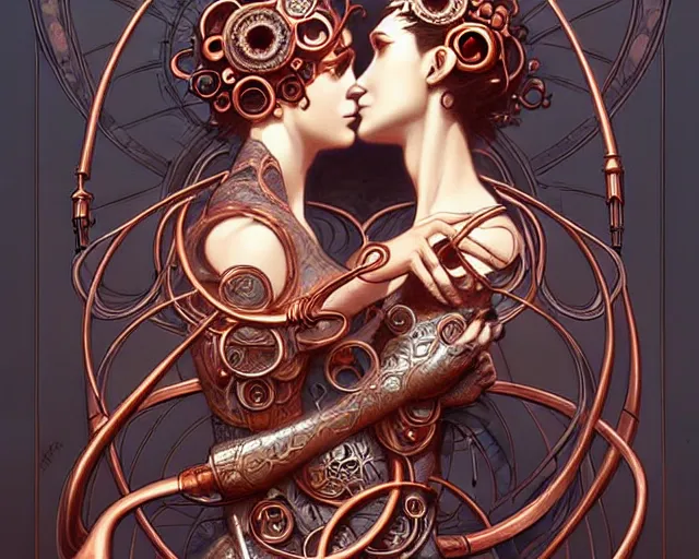 Image similar to Lovers with mechanical eyes, art nouveau, fantasy, intricate copper pipe designs, elegant, highly detailed, sharp focus, art by Artgerm and Greg Rutkowski and WLOP