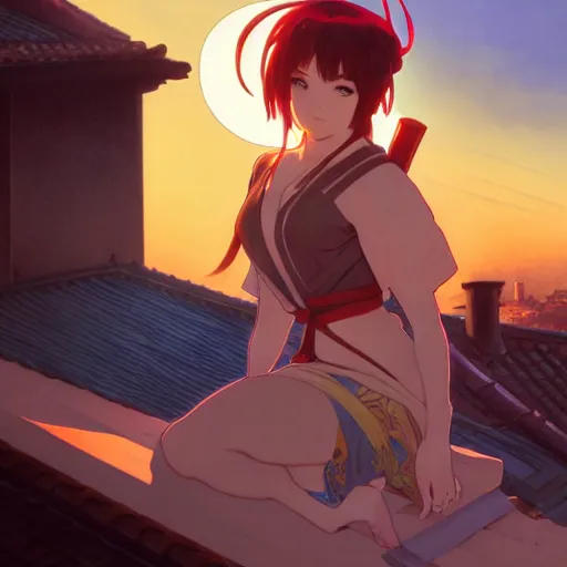 Image similar to anime in the style of arcane, beautiful gorgeous female shinobi sitting on an old oriental roof at sunset, wlop, alphonse mucha, greg rutkowski, ilya kuvshinov, sharp focus, backlit