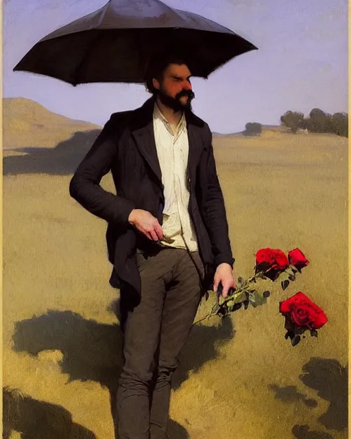 Image similar to a guy waiting for his love to come, holding roses, art by greg rutkowski, gustave courbet, rosa bonheur, edward hopper. faithfully depicted facial expression, perfect anatomy, sharp focus, global illumination, radiant light, detailed and intricate environment, trending on artstation