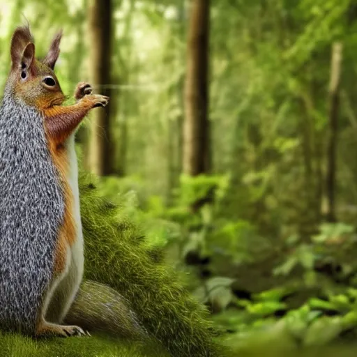 Image similar to a hyper realistic shot of a large squirrel with soft hair and tufts on its ears standing on its hind legs in a luscious green forest, a single weak ray of light emerging through the canopy and hitting the forest floor below him, 8 k, realistic