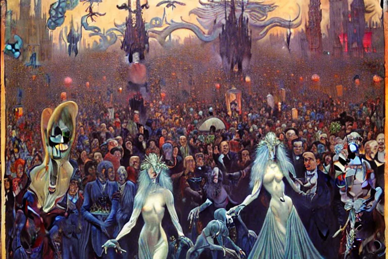 Prompt: realistic extremely detailed portrait painting of an elegant vampire in a crowded futuristic street, detailed alien crowd in the background by Jean Delville, Amano, Yves Tanguy, Alphonse Mucha, Mark Brooks, Ernst Haeckel, Edward Robert Hughes, Roger Dean, rich moody colours, blue eyes