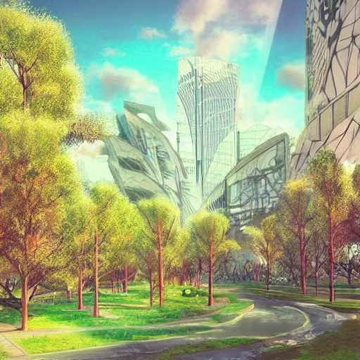 Image similar to Beautiful city of the future, overgrown with trees and plants. Warm soft colour scheme. Grainy and rough. Beautiful artistic digital artwork by artist Lurid. (2022)