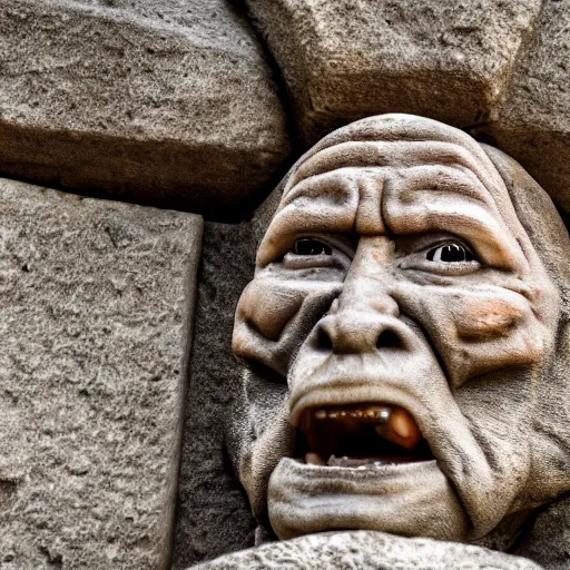 Image similar to dwayne the rock johnson as a grotesque medieval gargoyle, detailed stone texture 4 k photo