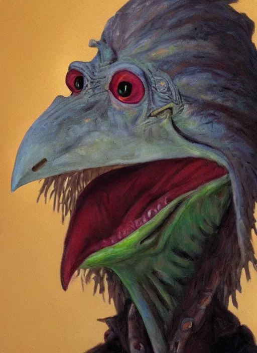 Image similar to oil painting portrait of chamberlain the skeksis from dark crystal ( 1 9 8 2 )