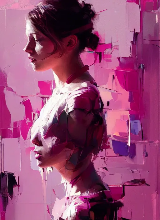 Image similar to indoor portrait of a beautiful girl, eyes closed, shades of pink, beautiful face, rule of thirds, intricate outfit, spotlight, by greg rutkowski, by jeremy mann, by francoise nielly, digital painting